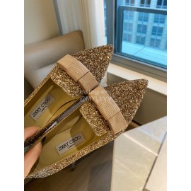 Jimmy Choo Bow Blingbling Pointed Flat Heels For Women Gold