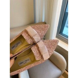 Jimmy Choo Bow Blingbling Pointed Flat Heels Pink For Women 