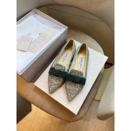 Jimmy Choo Bow Blingbling Pointed Flat Heels Green For Women 