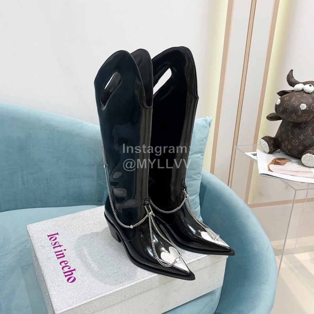 Lost In Echo Fashion Chain Calf Leather Thick High Heeled Boots For Women