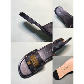 LV Antique Bronze Padlock Cowhide Slippers For Men Black