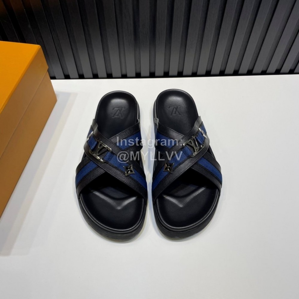 LV Calf Leather Hardware Buckle Cross Slippers For Men Black