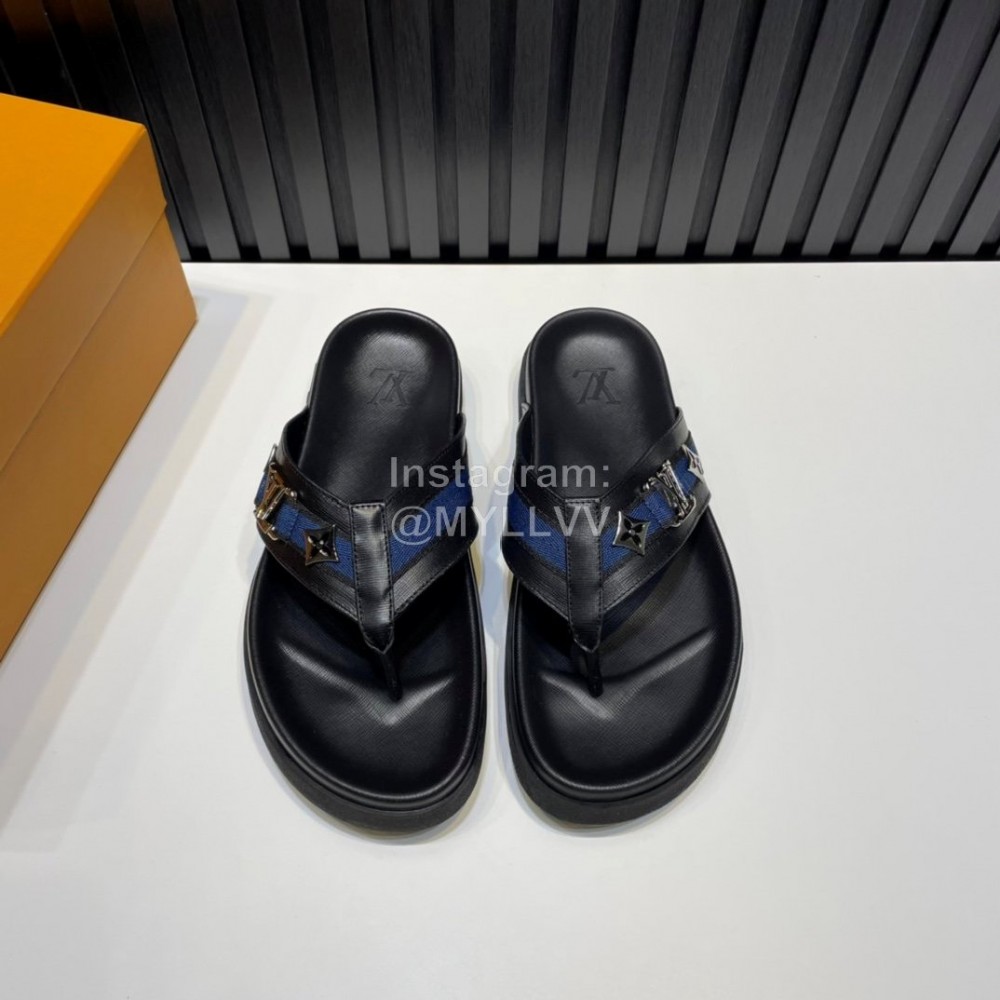 LV Calf Leather Hardware Buckle Flip Flops For Men Black