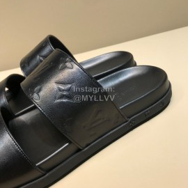 LV Black Monogram Embossed Calf Leather Slippers For Men