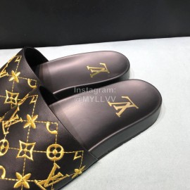 LV Calf Leather Monogram Embroidery Slippers For Men Black