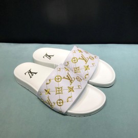 LV Calf Leather Monogram Embroidery Slippers For Men White
