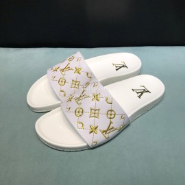 LV Calf Leather Monogram Embroidery Slippers For Men White