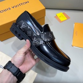 LV Classic Monogram Printed Calf Leather Loafers For Men Black