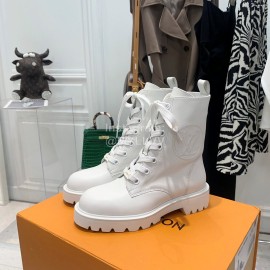 Lv Autumn And Winter Calf Leather Lace Up Boots For Women White