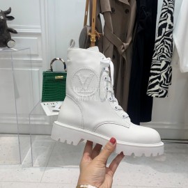 Lv Autumn And Winter Calf Leather Lace Up Boots For Women White