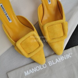 Manolo Blahnik Fashion Sheepskin Square Buckle High Heel Muller Slippers Yellow