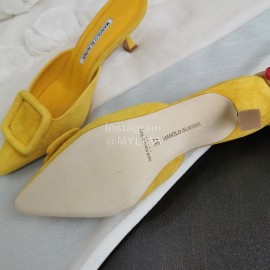 Manolo Blahnik Fashion Sheepskin Square Buckle High Heel Muller Slippers Yellow