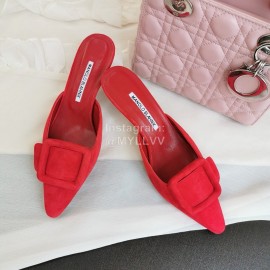 Manolo Blahnik Fashion Sheepskin Square Buckle High Heel Muller Slippers Red