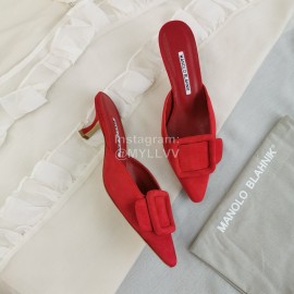 Manolo Blahnik Fashion Sheepskin Square Buckle High Heel Muller Slippers Red