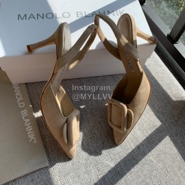 Manolo Blahnik Soft Sheepskin Velvet High Heel Muller Shoes Beige