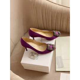 Manolo Blahnik Silk Sheepskin Diamond Buckle Shoes For Women Purple
