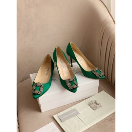 Manolo Blahnik Silk Sheepskin Diamond Buckle Shoes For Women Green