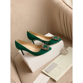Manolo Blahnik Silk Sheepskin Diamond Buckle Shoes For Women Green