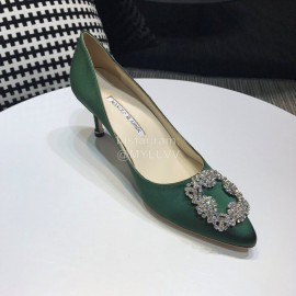 Manolo Blahnik New Diamond Buckle Silk Sheepskin Shoes For Women Green