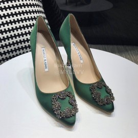 Manolo Blahnik New Diamond Buckle Silk Sheepskin Shoes For Women Green