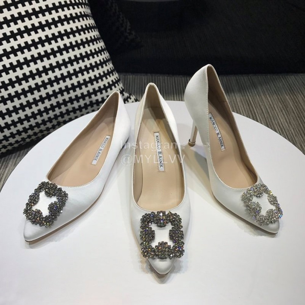 Manolo Blahnik New Diamond Buckle Silk Sheepskin Shoes For Women White