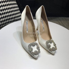 Manolo Blahnik New Diamond Buckle Silk Sheepskin Shoes For Women White