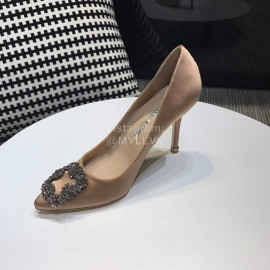 Manolo Blahnik New Diamond Buckle Silk Sheepskin Shoes For Women Khaki