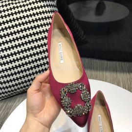 Manolo Blahnik New Diamond Buckle Silk Sheepskin Shoes For Women Purplish Red