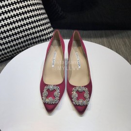 Manolo Blahnik New Diamond Buckle Silk Sheepskin Shoes For Women Purplish Red