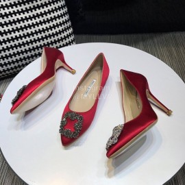 Manolo Blahnik New Diamond Buckle Silk Sheepskin Shoes For Women Red