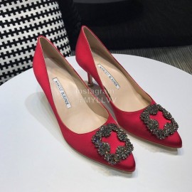 Manolo Blahnik New Diamond Buckle Silk Sheepskin Shoes For Women Red