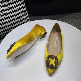 Manolo Blahnik New Diamond Buckle Silk Sheepskin Shoes For Women Yellow