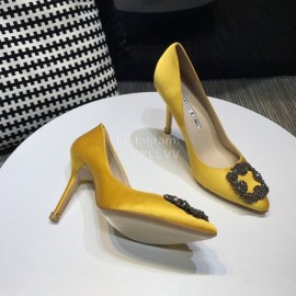 Manolo Blahnik New Diamond Buckle Silk Sheepskin Shoes For Women Yellow