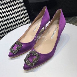 Manolo Blahnik New Diamond Buckle Purple Silk Sheepskin Shoes For Women 