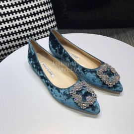 Manolo Blahnik Elegant Diamond Buckle Velvet Shoes For Women Blue