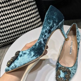 Manolo Blahnik Elegant Diamond Buckle Velvet Shoes For Women Blue