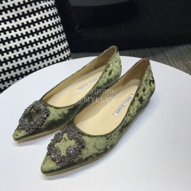 Manolo Blahnik Elegant Diamond Buckle Green Velvet Shoes For Women