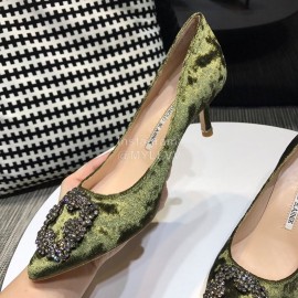 Manolo Blahnik Elegant Diamond Buckle Green Velvet Shoes For Women