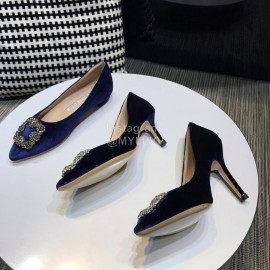 Manolo Blahnik Elegant Diamond Buckle Blue Velvet Shoes For Women 
