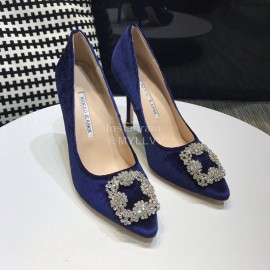 Manolo Blahnik Elegant Diamond Buckle Blue Velvet Shoes For Women 