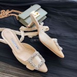Manolo Blahnik Silk Diamond Buckle High Heel Sandals For Women Beige
