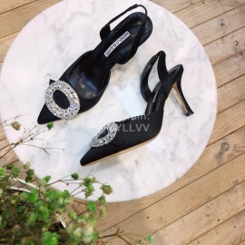 Manolo Blahnik Diamond Buckle Silk High Heel Sandals For Women Black