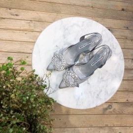 Manolo Blahnik Diamond Buckle Silk High Heel Sandals For Women Gray