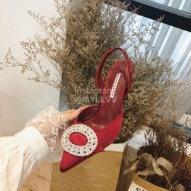 Manolo Blahnik Diamond Buckle Silk High Heel Sandals For Women Wine Red