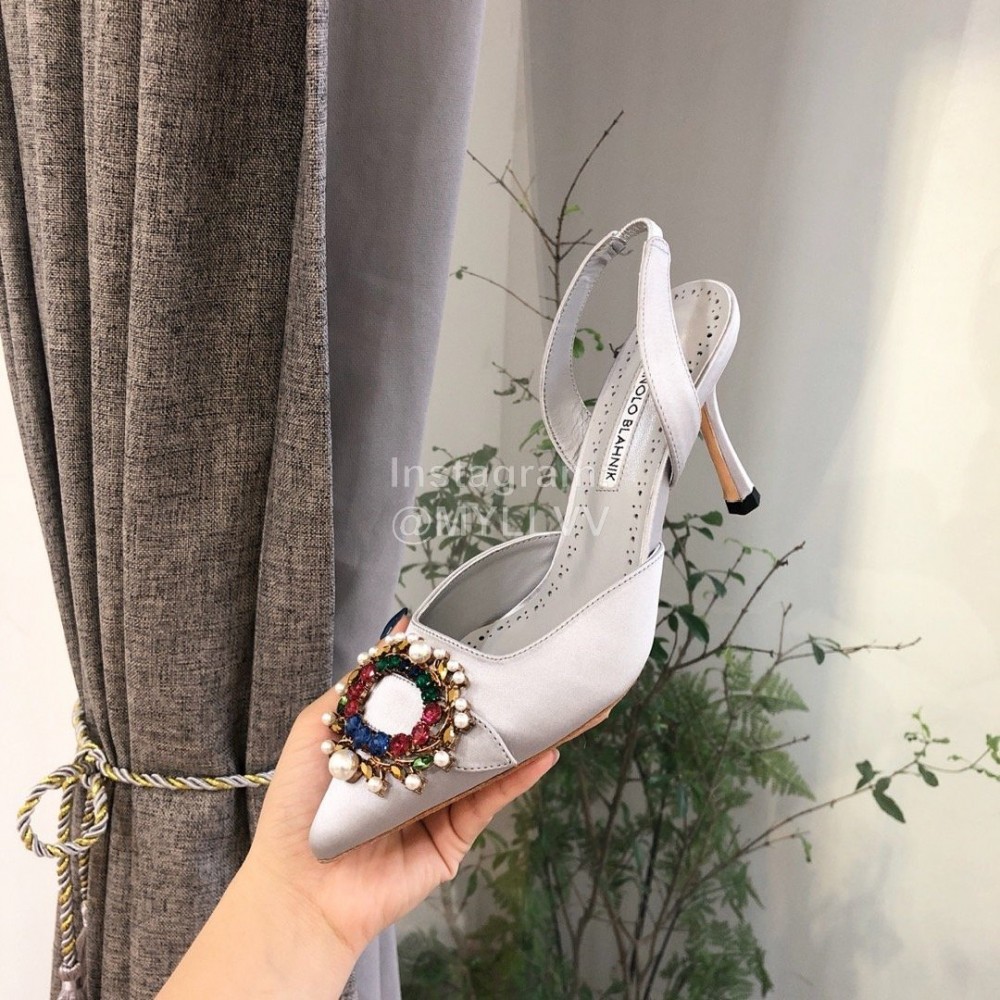 Manolo Blahnik Pearl Buckle Silk High Heel Sandals For Women Gray