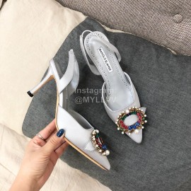 Manolo Blahnik Pearl Buckle Silk High Heel Sandals For Women Gray
