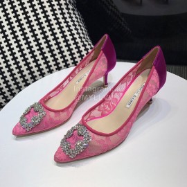 Manolo Blahnik Elegant Diamond Buckle Lace Shoes For Women Rose Red