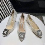 Manolo Blahnik Elegant Diamond Buckle Lace Shoes For Women White