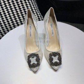Manolo Blahnik Elegant Diamond Buckle Lace Shoes For Women White