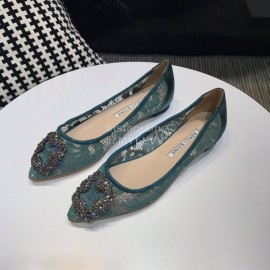 Manolo Blahnik Elegant Diamond Buckle Lace Shoes For Women Green
